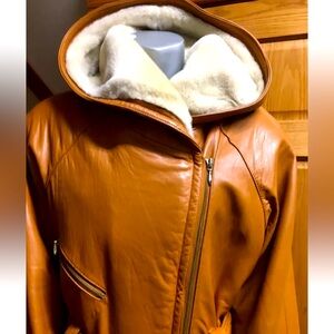 Maxima real leather hooded belted jacket M